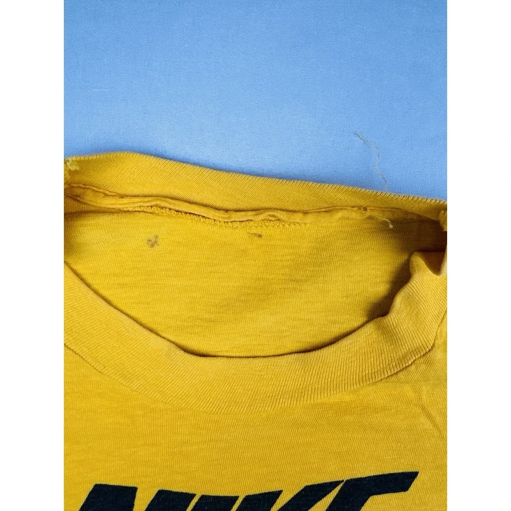 Vintage 80s Nike Logo T-Shirt Yellow Single Stitch Made in USA Size S